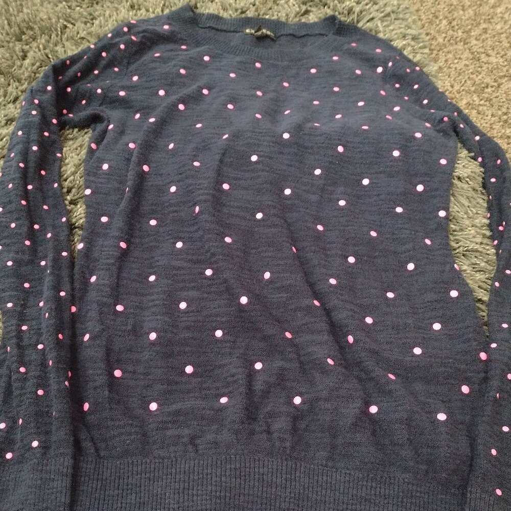 Express Small Blue Crewneck Sweater with Pink Polka Dots
